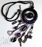 Large Upcycled Black Textured Metal  Buckle & Purple Charm Boho Necklace