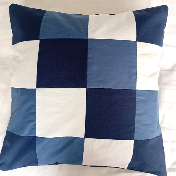 Patchwork cushion cover. Navy blue, mid blue and white cushion cover