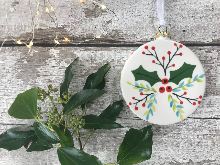 Hand painted flat Christmas Bauble with Holly and Berries design