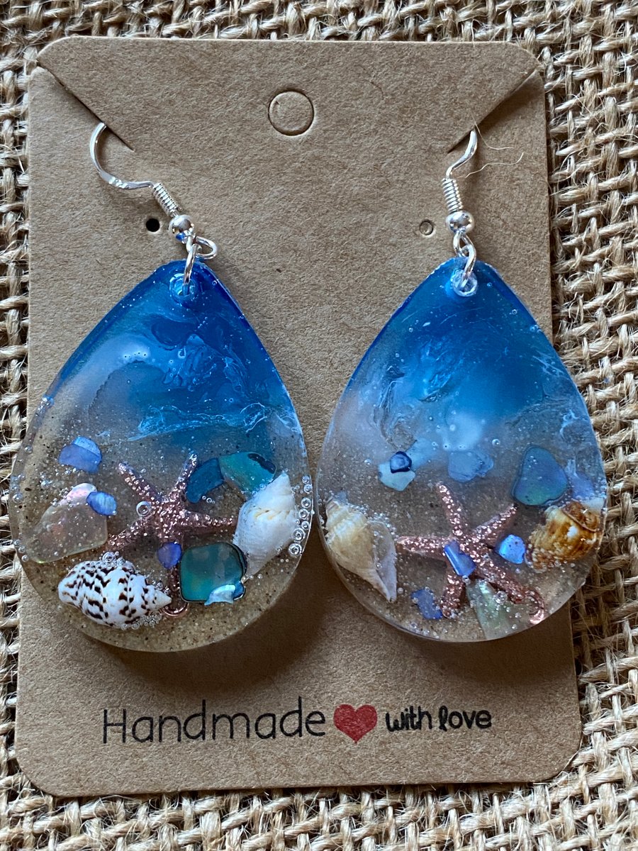 Handmade Seaside Tear Drop Earrings With Real Shells And Metal Starfish