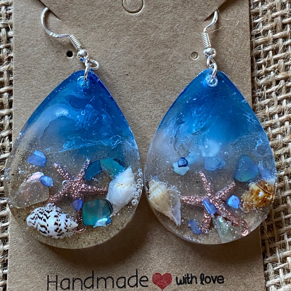 Handmade Seaside Tear Drop Earrings With Real Shells And Metal Starfish