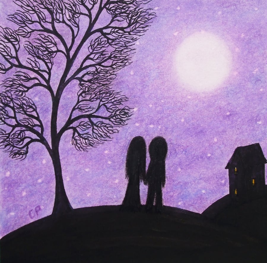 Love Card, Couple Moon Card, Engagement, Romantic Couple Art card, Moon Stars