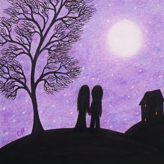 Love Card, Couple Moon Card, Engagement, Romantic Couple Art card, Moon Stars