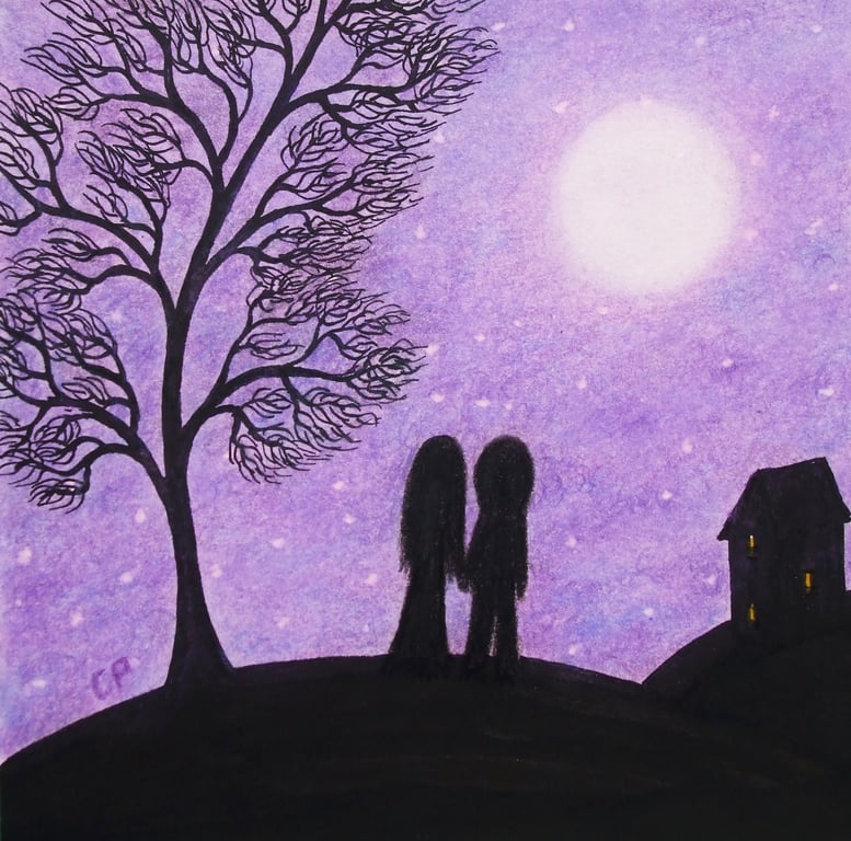 Love Card, Couple Moon Card, Engagement, Romantic Couple Art card, Moon Stars