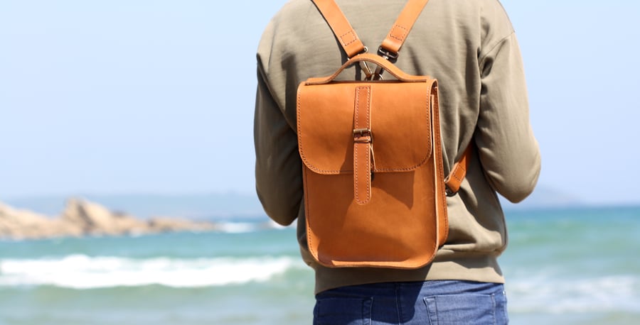 Leather Backpack Hand Stitched Tan Brown Travel Bag