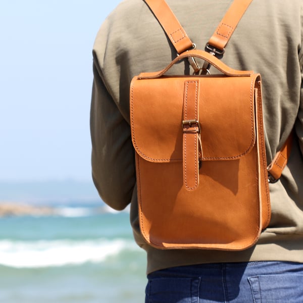 Leather Backpack Hand Stitched Tan Brown Travel Bag