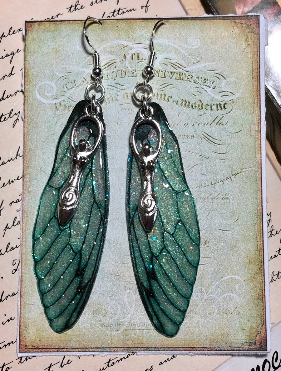 Large Dark Green Goddess Fairy Wing Earrings Sterling Silver