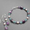 Amethyst Apatite and Pearl Sterling Silver Bracelet and Earrings