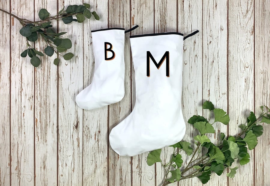 White Christmas Stockings-Holiday decoration, Custom initial. Xmas Alphabet 