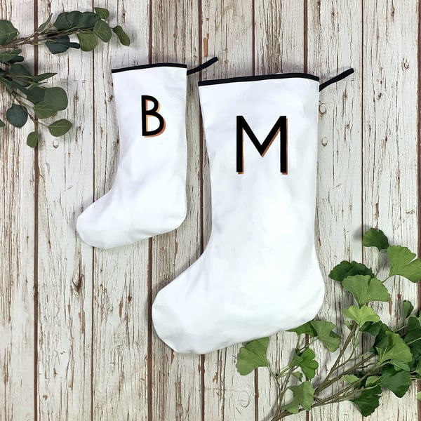 White Christmas Stockings-Holiday decoration, Custom initial. Xmas Alphabet 