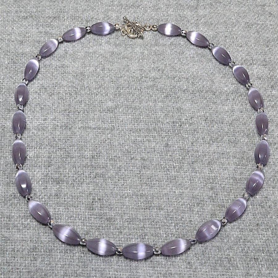 Pale Purple Faceted Glass Tube Bead Necklace with Faceted Silver Crystal Accents