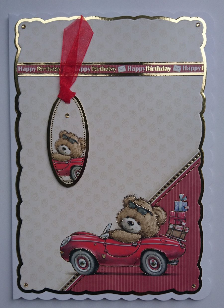 Happy Birthday Card Boy Teddy Bear Convertible Sports Car 3D Luxury Handmade