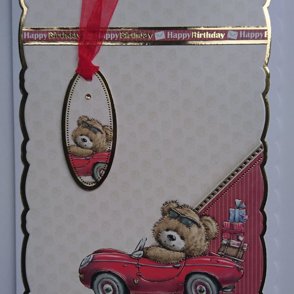 Happy Birthday Card Boy Teddy Bear Convertible Sports Car 3D Luxury Handmade