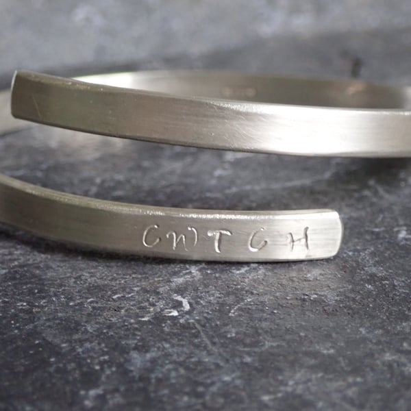 Cwtch and Hearts Bangle, Secret Hearts Inside, Recycled Sterling Silver
