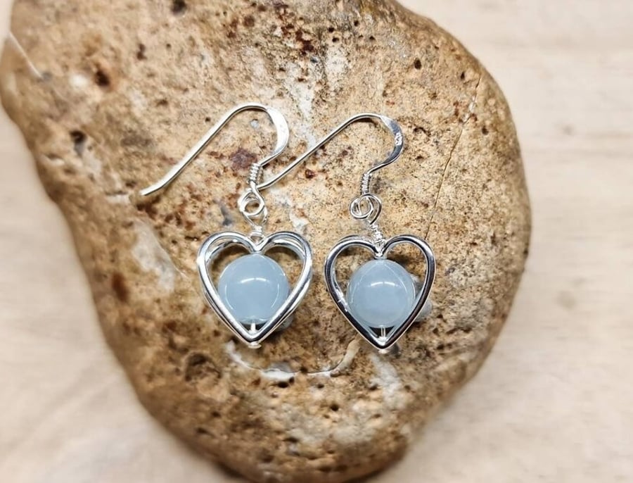 Aquamarine earrings. March birthstone earrings. Sterling silver heart