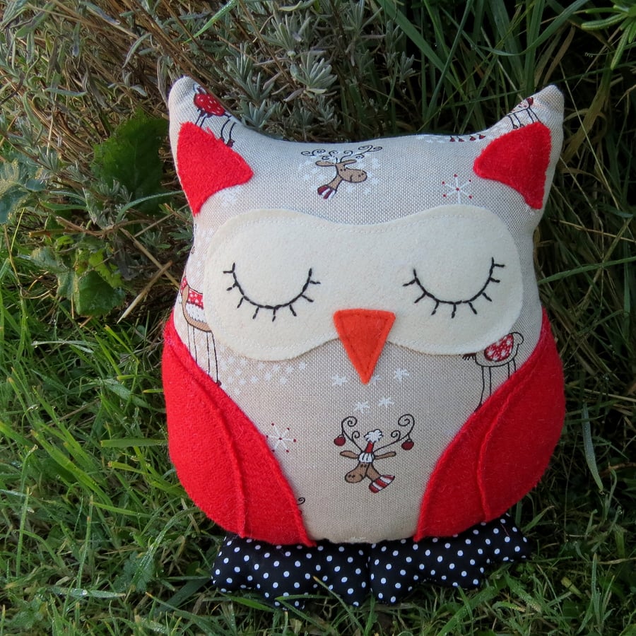 Christmas Owl.  Marley, a festive owl cushion.  25cm tall.