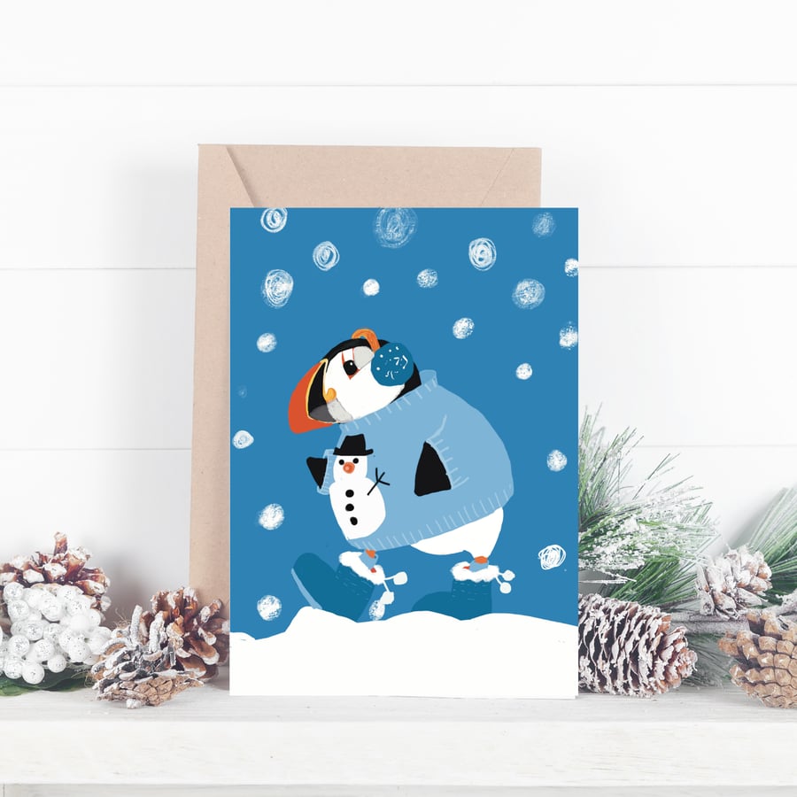 Christmas card blank Blue Puffin Christmas jumper 