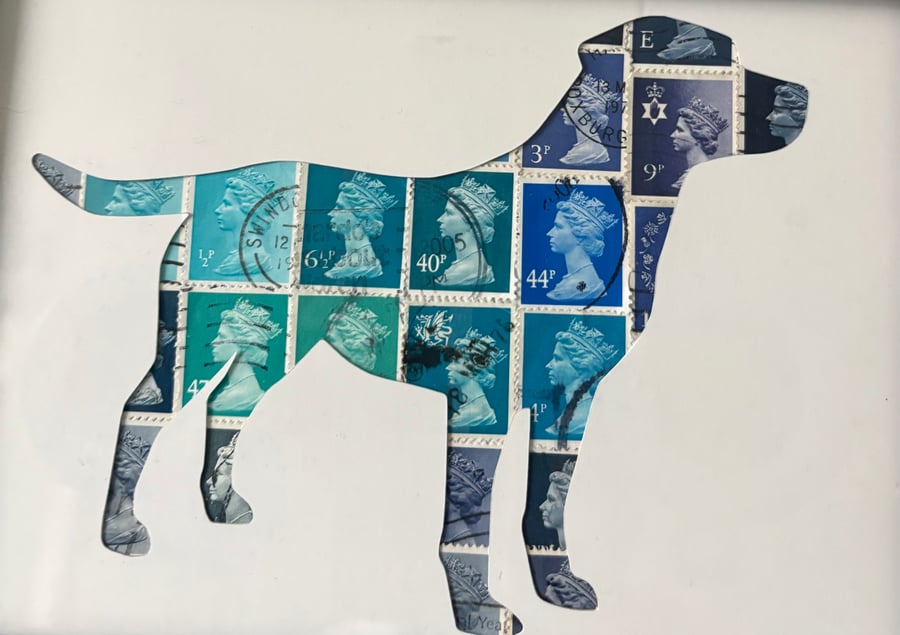 Framed Labrador dog print made from stamps