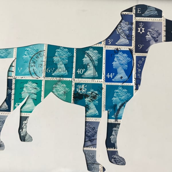 Framed Labrador dog print made from stamps