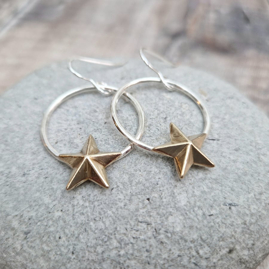 Sterling Silver Statement Circle Hoop Earrings with Brass Stars