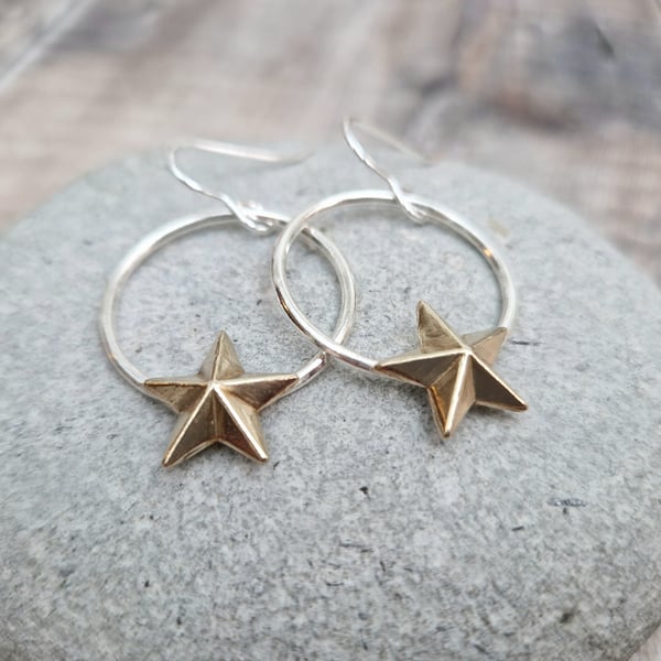 Sterling Silver Statement Circle Hoop Earrings with Brass Stars