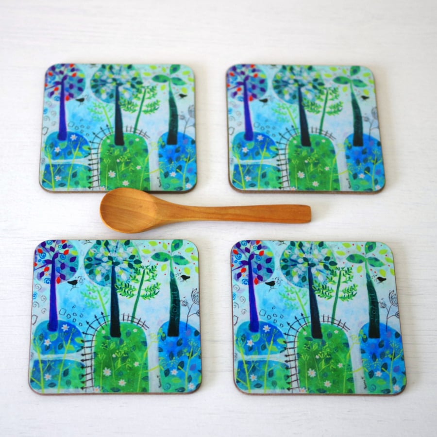 Landscape Coasters set of 4, Tree Coasters, Green Blue Coasters