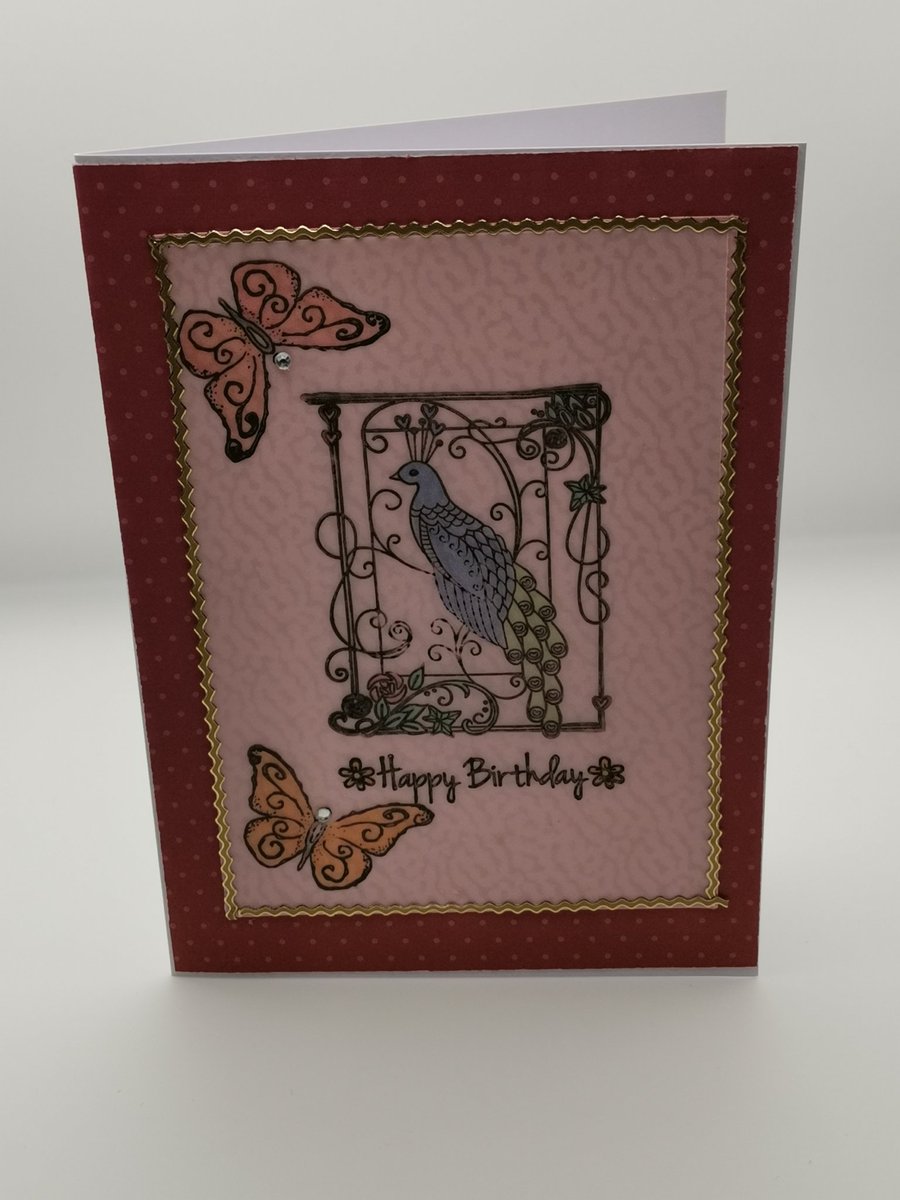 Handmade Peacock & Butterfly Birthday Card