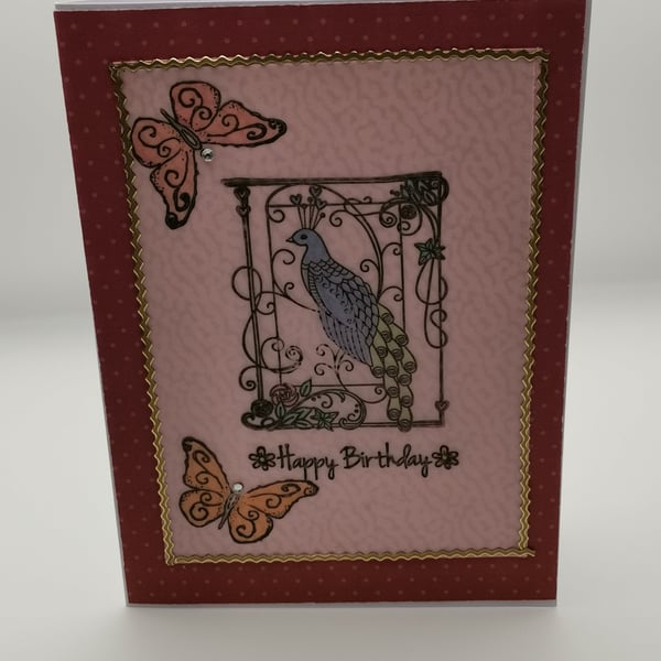 Handmade Peacock & Butterfly Birthday Card