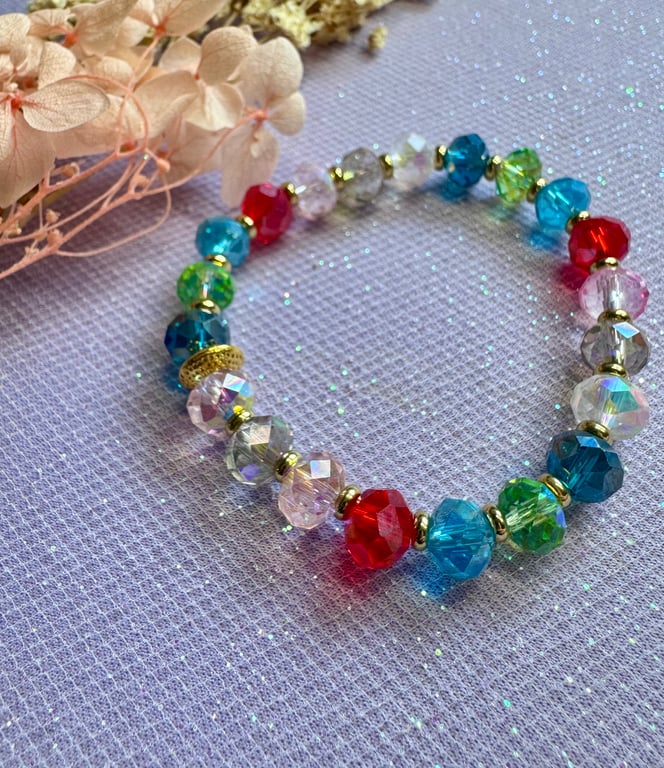multicoloured crystal bracelet with gold plated spacers