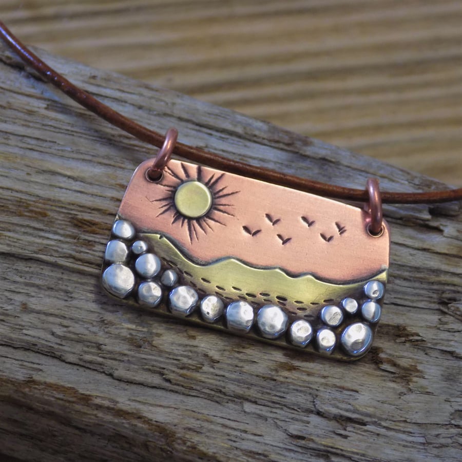Copper ,silver and brass sandy rocky cove mixed metal pendant (large) 