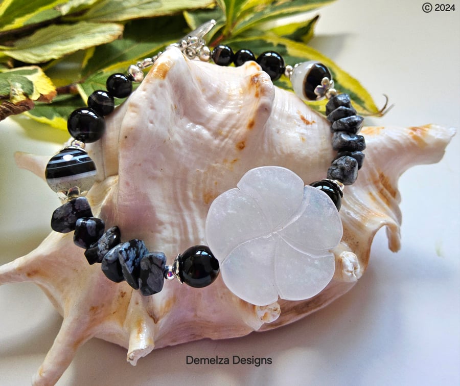  Agate, Onyx, & Snowflake Obsidian 925 Sterling Silver Plated Bracelet ONE OFF
