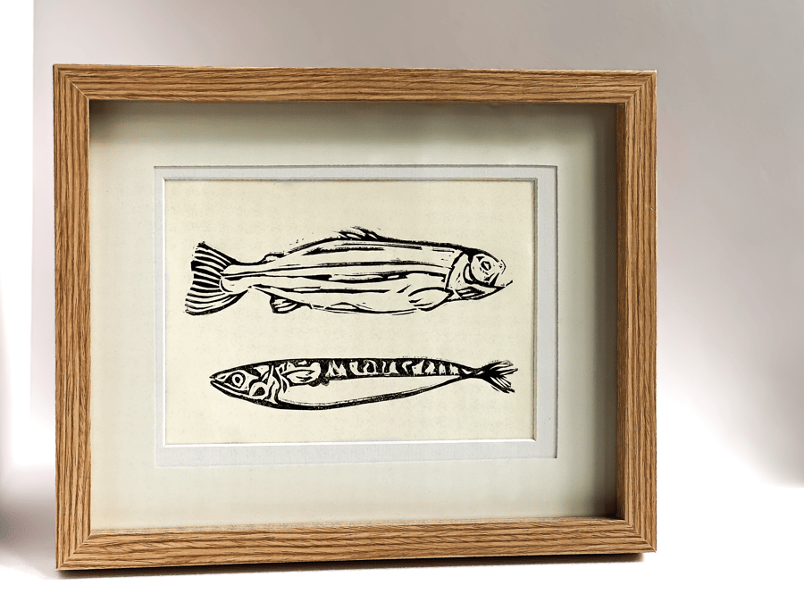 Just a Smackerel Lino Print of a Mackerel and a Sardine