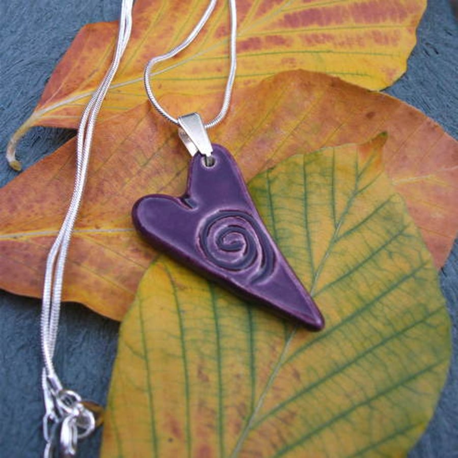 SALE SALE SALE Ceramic Quirky Purple Heart Necklace with a Swirl