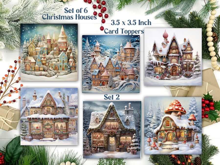 Christmas Houses Square Card Toppers for Card Making, Tags, Scrapbooks