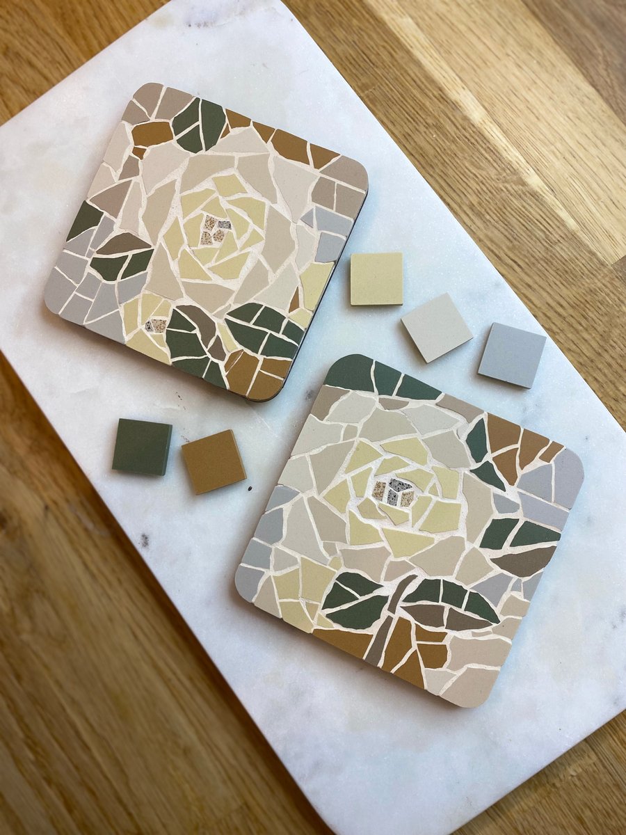 Mosaic Coaster Set: Roses in lemon and cream