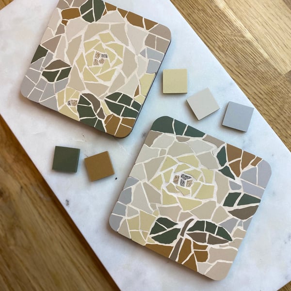 Mosaic Coaster Set: Roses in lemon and cream