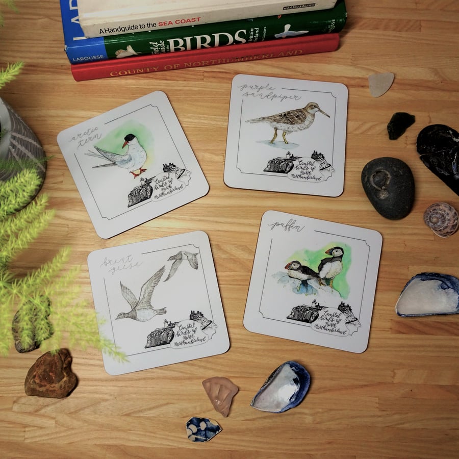 Wooden Coasters (Set of 4) - Watercolour Illustrations of Coastal Birds