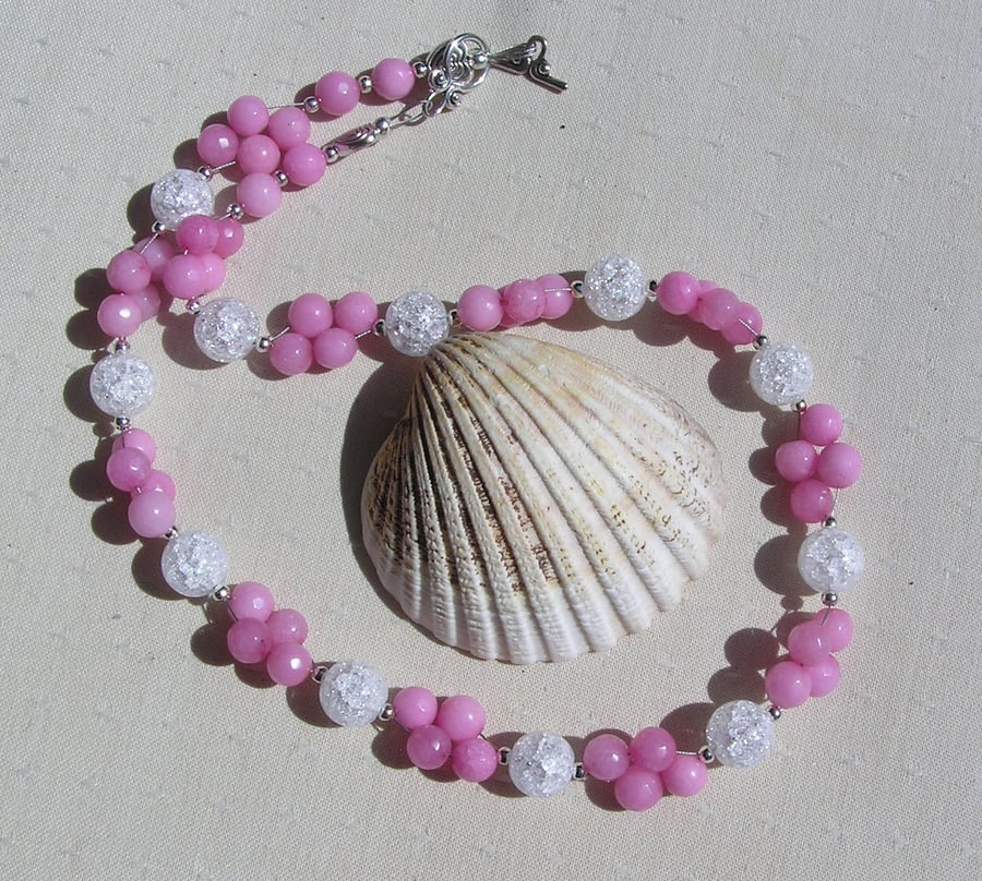Pink Morganite & Clear Quartz Gemstone Crystal Chunky Chakra Beaded Necklace