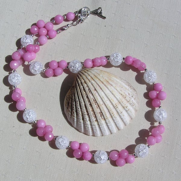 Pink Morganite & Clear Quartz Gemstone Crystal Chunky Chakra Beaded Necklace