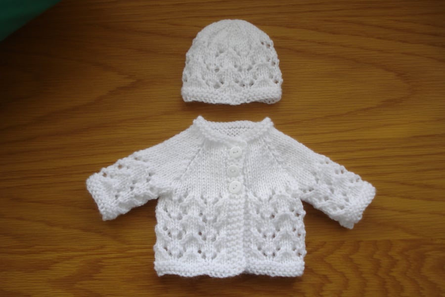 Hand Knitted Doll, Prem Cardigan And Hat Set In White (A14)