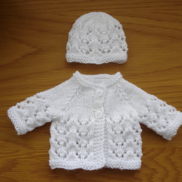 Hand Knitted Doll, Prem Cardigan And Hat Set In White (A14)