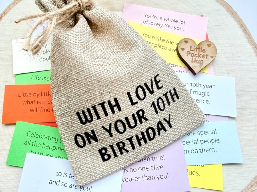 10th Birthday Gift, Keepsake Bag of 31 Quotes, Double Digits Positive Present