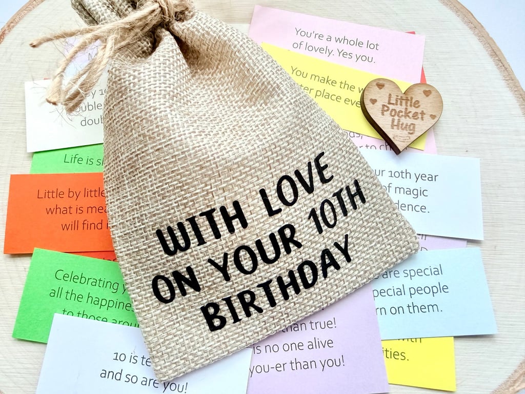 10th Birthday Gift, Keepsake Bag of 31 Quotes, Double Digits Positive Present