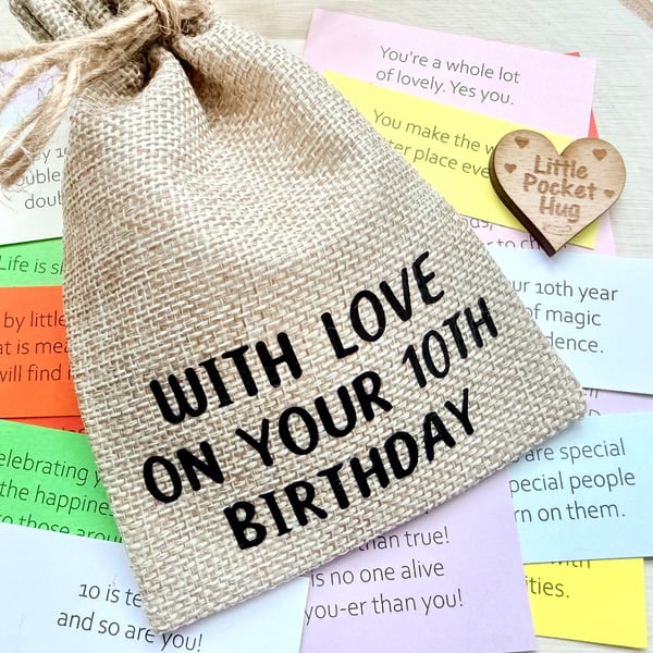10th Birthday Gift, Keepsake Bag of 31 Quotes, Double Digits Positive Present
