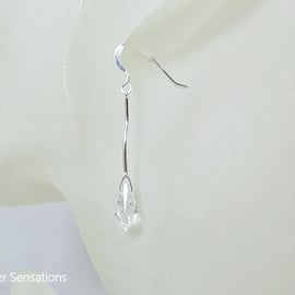 Clear Swarovski Crystals & Solid Sterling Silver Curved Bar Drop Earrings 