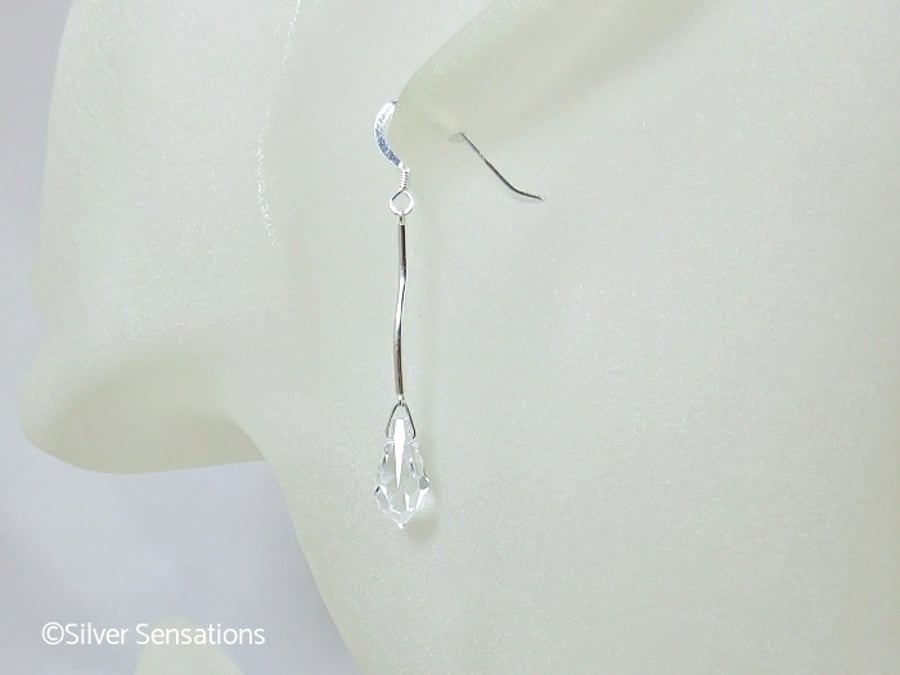 Clear Swarovski Crystals & Solid Sterling Silver Curved Bar Drop Earrings 