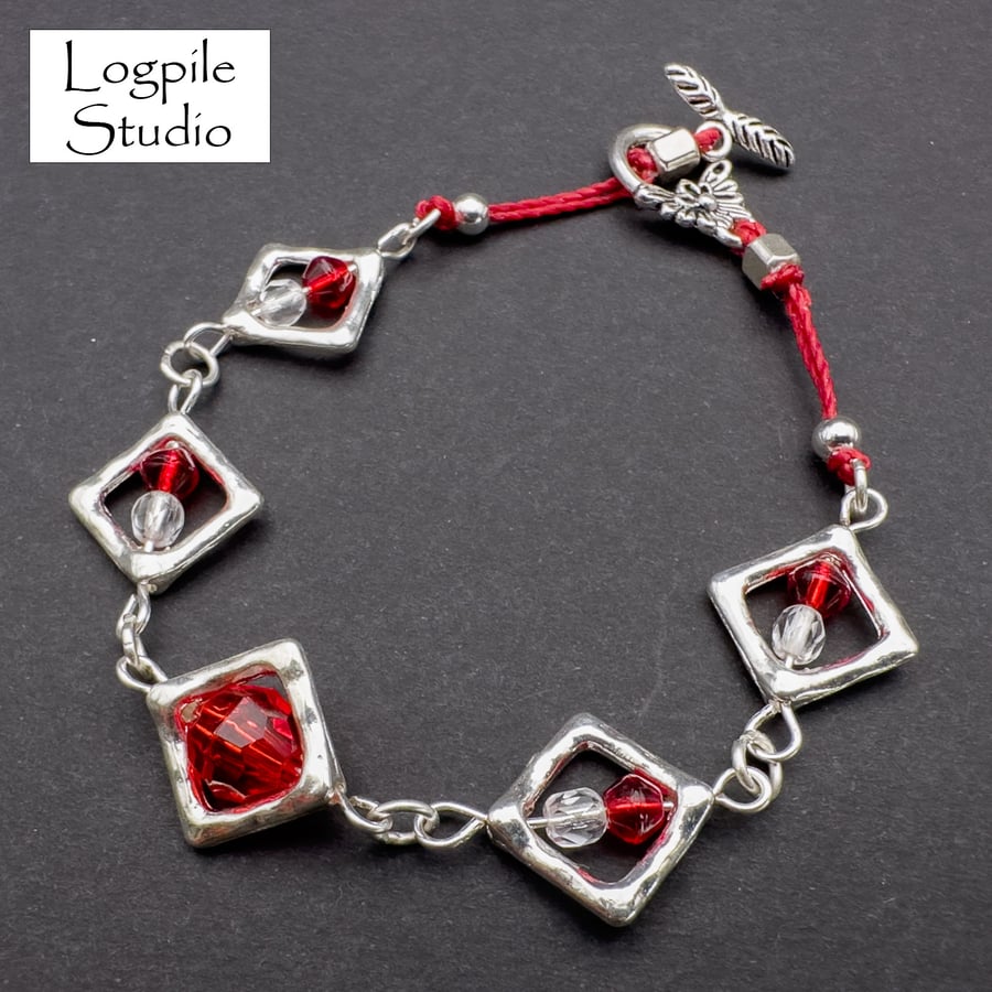 Silver and Red Diamond Link Bracelet