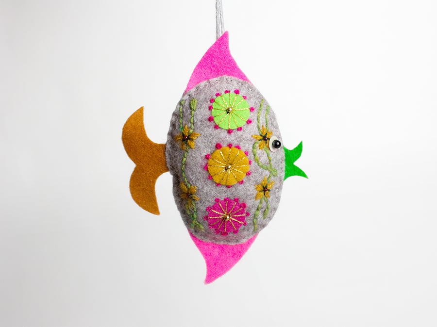Angel fish - a grey felt hand embroidered hanging ornament or lavender bag
