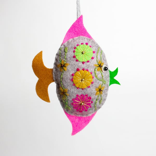 Angel fish - a grey felt hand embroidered hanging ornament or lavender bag