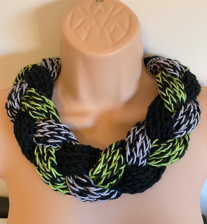 Hand Knitted Scarf Woven Wreath Infinity Loop leftover yarn Black Green Pink